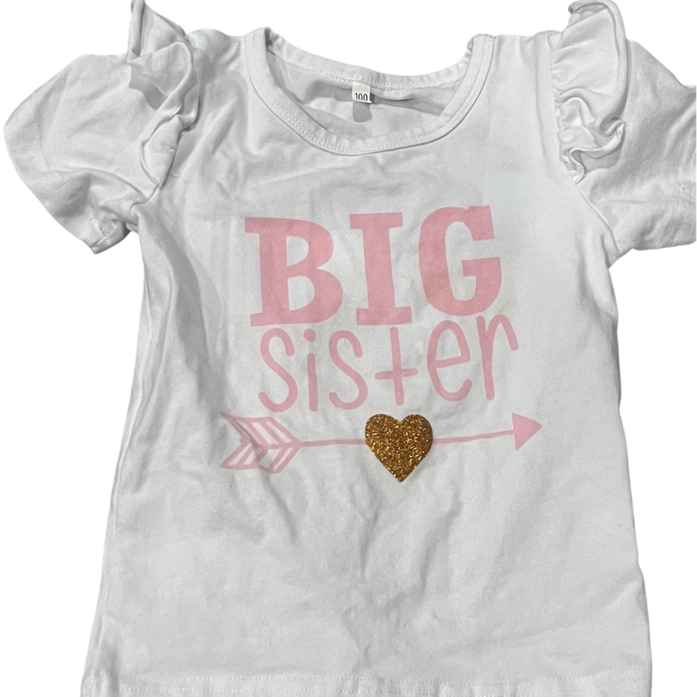 White 'Big Sister' T-Shirt with Pink and Gold Accents